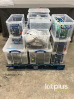 Bulk Mixed HDMI, IEC, Ethernet, Power & AV Cable Lot &ndash; 300+ Items in Stackable Bins, UK/EU Plugs