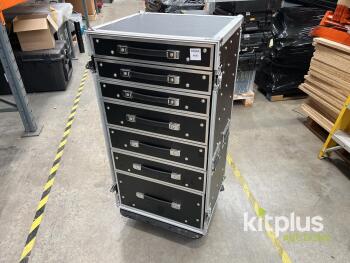 7-Drawer Rolling Tool Chest Road Case, Black, kitplus #665, Lockable Drawers, Caster Wheels. Missing front and rear panels.