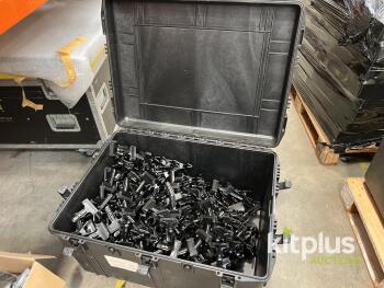 Bulk Lot of Approx. 100 Black 4" Plastic Spring Clamps with Heavy Duty Hard Case, Event Rental