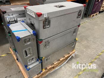 Stackable Ribbed Aluminum Transport Cases, Reinforced Corners, Multiple Sizes, Labeled Sony Broadcast